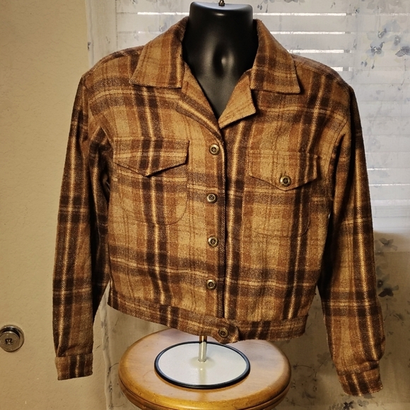 Women's Medium Vintage Wool Blend Cropped Button Brown Plaid Jacket - Picture 1 of 6